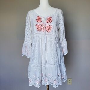 Miss June Paris Boho Hand Embroidered Eyelet Lace Tassels White Dress Womens S/M
